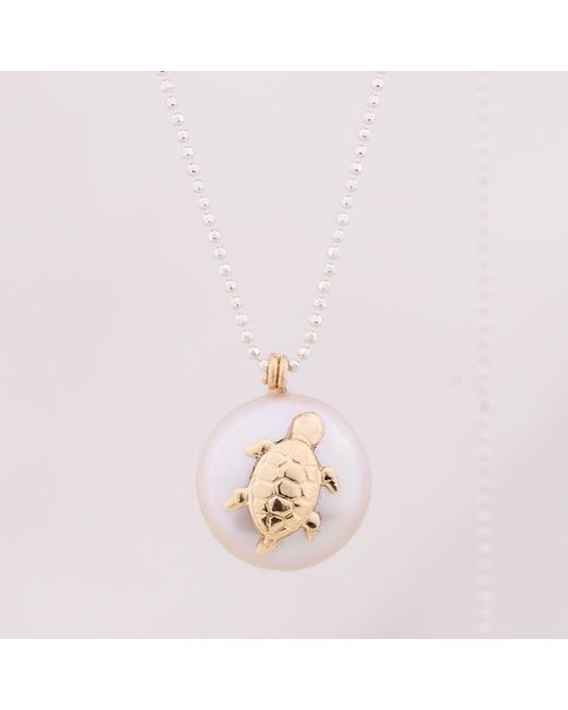 Oana Savu Metallic Freshwater Round Pearl Pendant Turtle Charm Chain