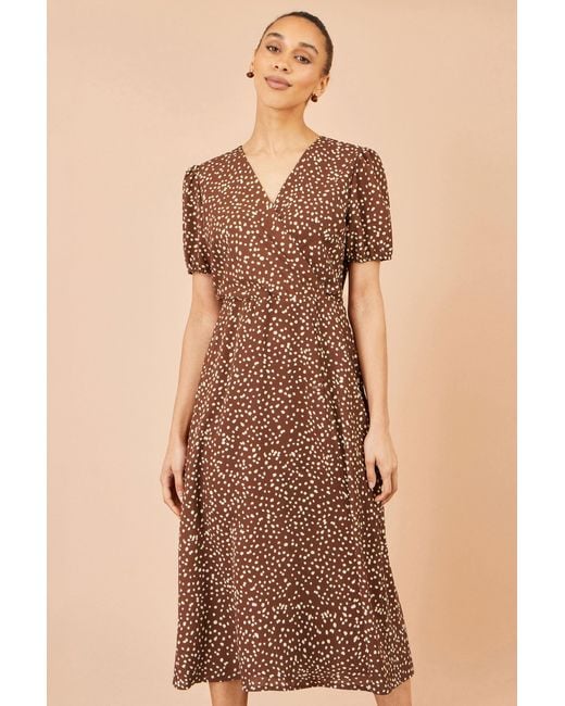 Yumi' Brown Spot Midi Dress With Split Hemline