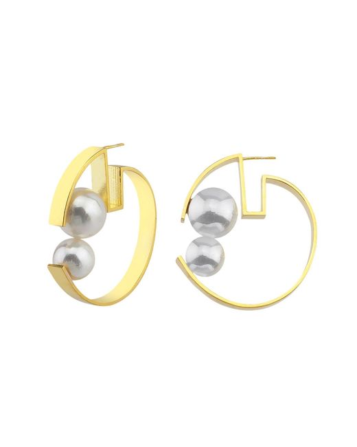 LINYA JEWELLERY Metallic Geometric Hoop Pearl Earrings