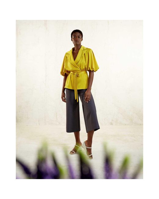 Femponiq Yellow Draped Puff Sleeve Satin Blouse