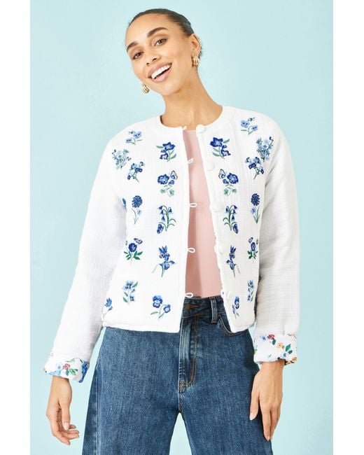 Yumi' Blue Floral Embroidery Reversible Cotton Jacket