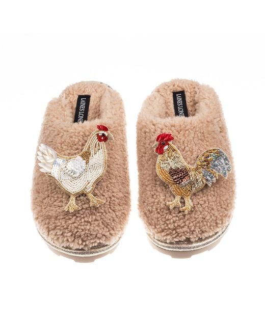 Laines London Natural Neutrals Teddy Closed Toe Slippers With Chicken & Rooster Brooches
