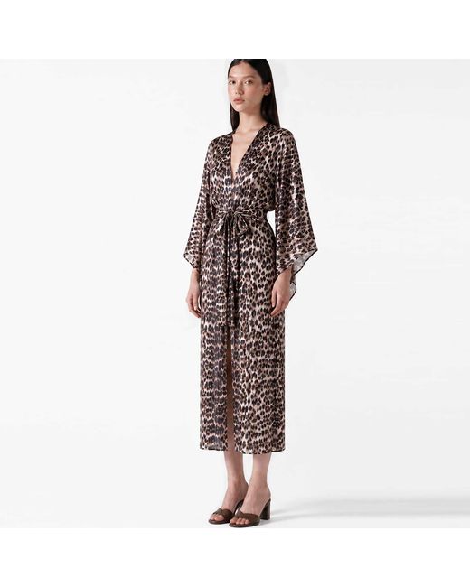 LOVEIST STORE Brown Leopard Print Silky Satin Kimono