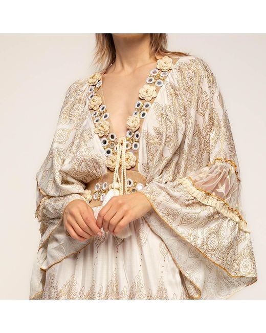 Tantra Spain Sl Natural Neutrals Long Block-Print Dress With Lace And Embroidery And Wide Sleeves Ecru
