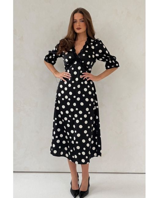Girl In Mind Black Sharon V-Neck Puff Sleeve Polka Midi Dress