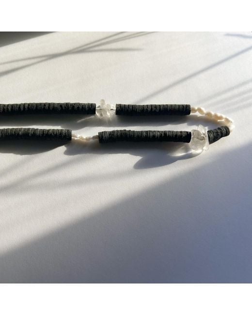 WAIWAI Black Leather Necklace With Pearls And Clear Quartz Crystals