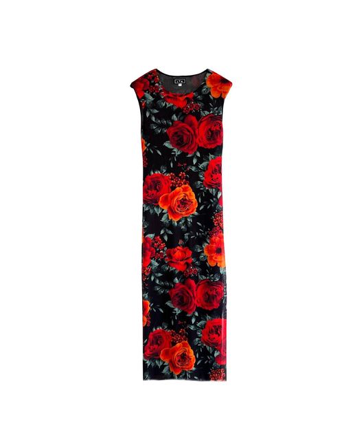 L2R THE LABEL Red Shoulder Pad Printed Mesh Dress