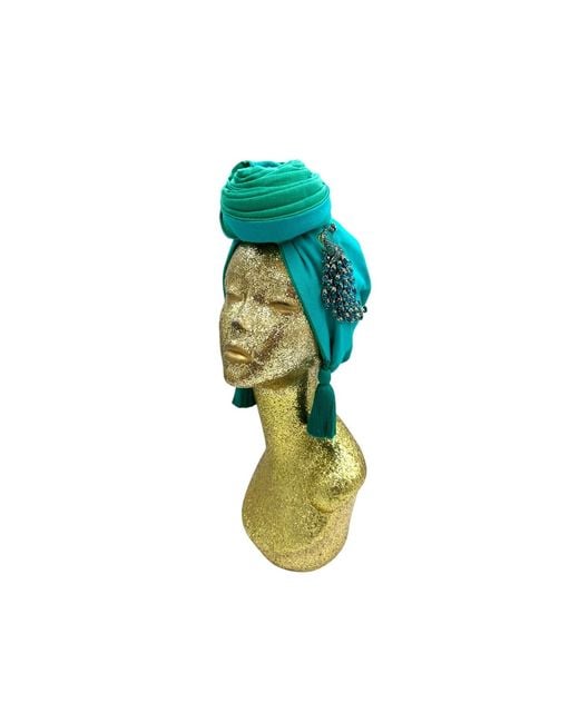 Julia Clancey Green Edith Jade & Azure Peacock Reversible Tassels Linen Turban
