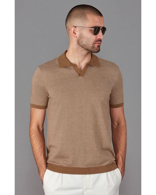Paul James Knitwear Brown Mens Lightweight Cotton Giovanni Honeycomb Buttonless Polo Shirt for men