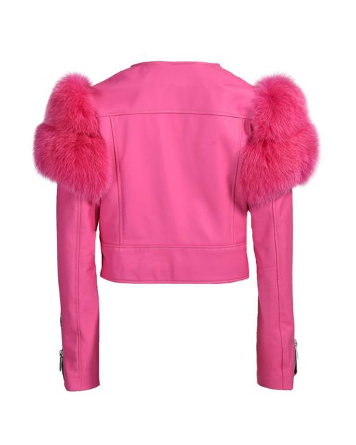 Hortons England Pink Cropped Faux Fur Shoulder Jacket