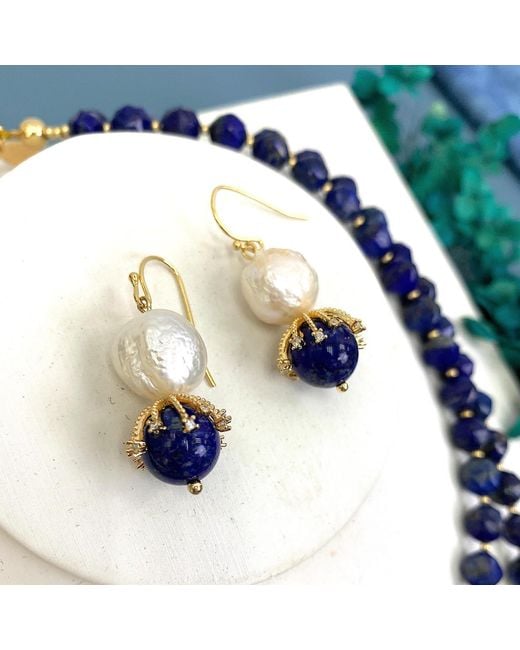 Farra Blue Freshwater Pearl With Aventurine Dangle Earrings