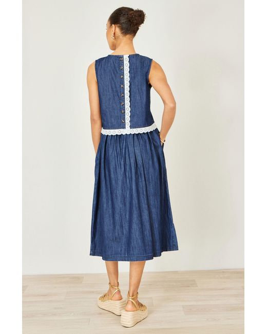 Yumi' Blue Denim Chambray Gathered Midi Skirt
