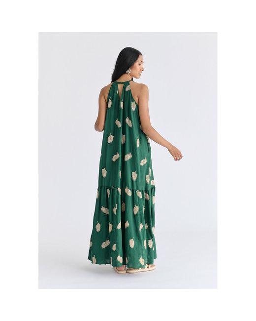 Paisie Green Leaf Embroidered Halterneck Maxi Dress