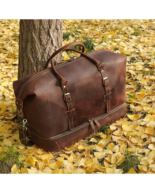 Touri Brown Genuine Leather Duffel With Suit Compartment for men