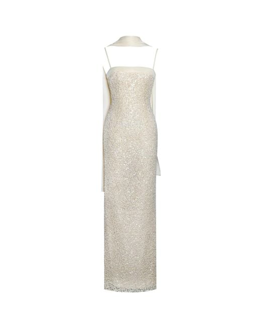Miss Circle New York White Raizel Beaded Sequin Bodycon Gown With Scarf