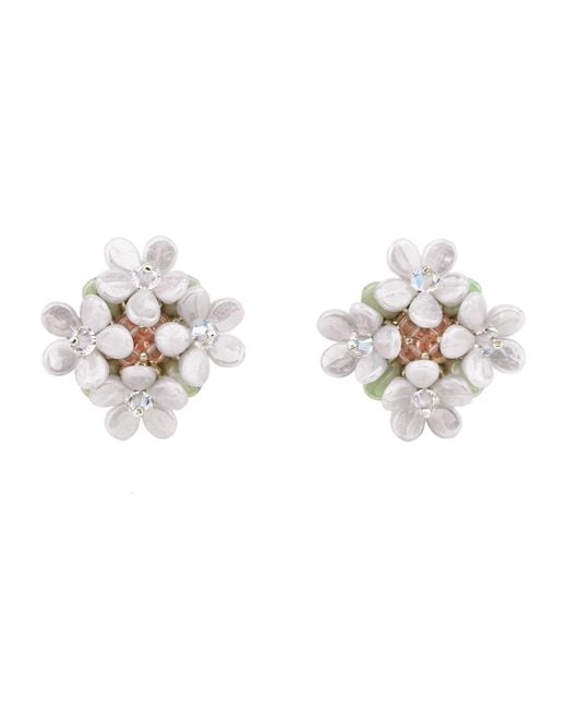 Oana Savu Metallic Bridal Flower Earrings Glass Beads Pearls Wedding Ear Studs