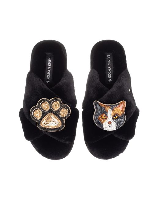 Laines London Blue Classic Laines Slippers With Paw & Calico British Shorthair Cat Brooches