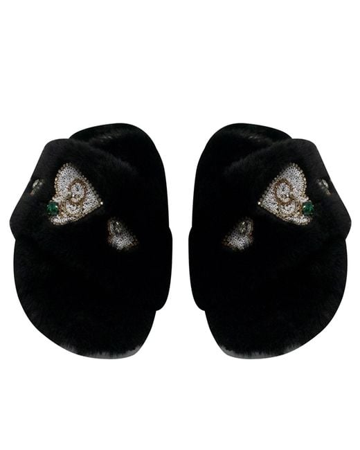 Rettrose Black Emmy Luxury Plush Diamanté Embellished Handmade Slipper
