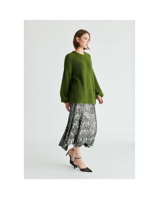 Paisie Green Balloon Sleeves Jumper With Cable Details