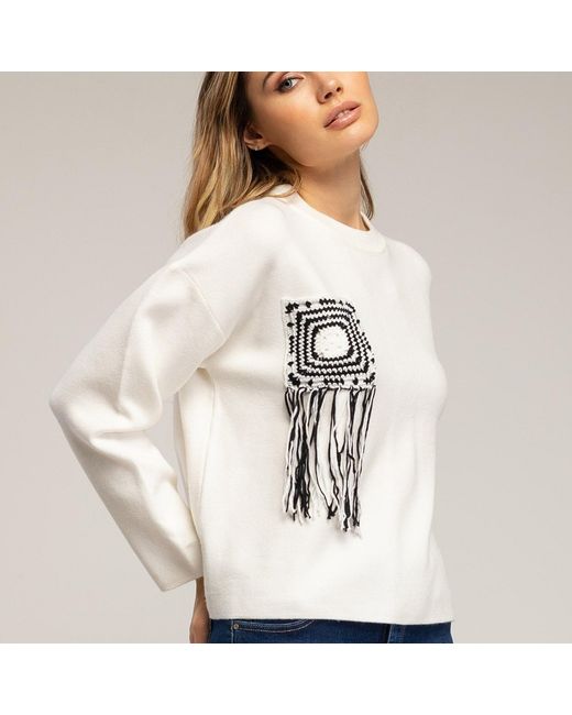 Tantra Spain Sl White Knitted Sweater With Pocket And Crochet Detail