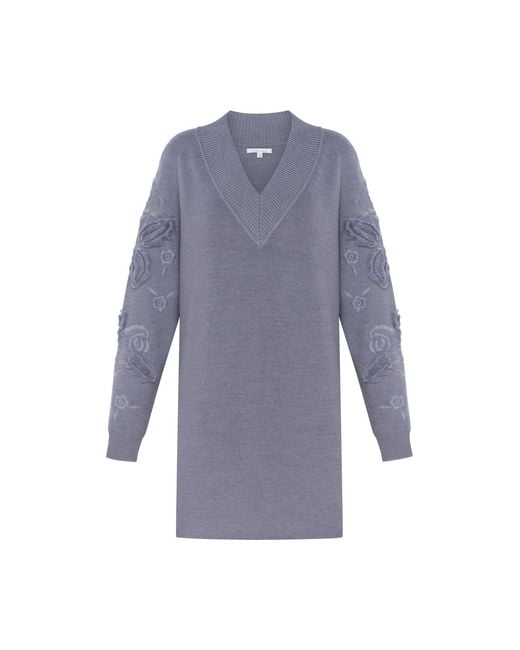 Annabo Blue Velvet Rose Merino Wool Knit Midi Dress