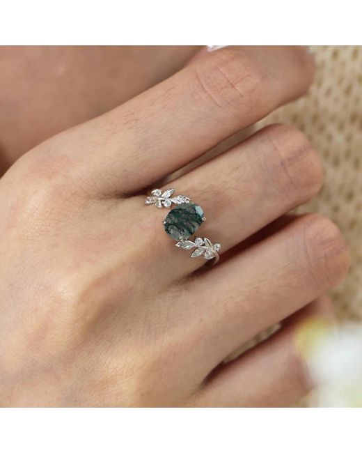 Azura Jewelry New York Green Between The Leaf Oval Moss Agate Ring Vermeil