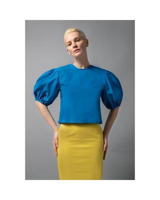Femponiq Blue Puff Sleeve Cotton Top