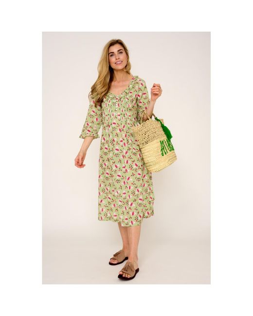 At Last Green Cotton Karen 3/4 Sleeve Day Dress In Pistachio With Pink Busy Bees