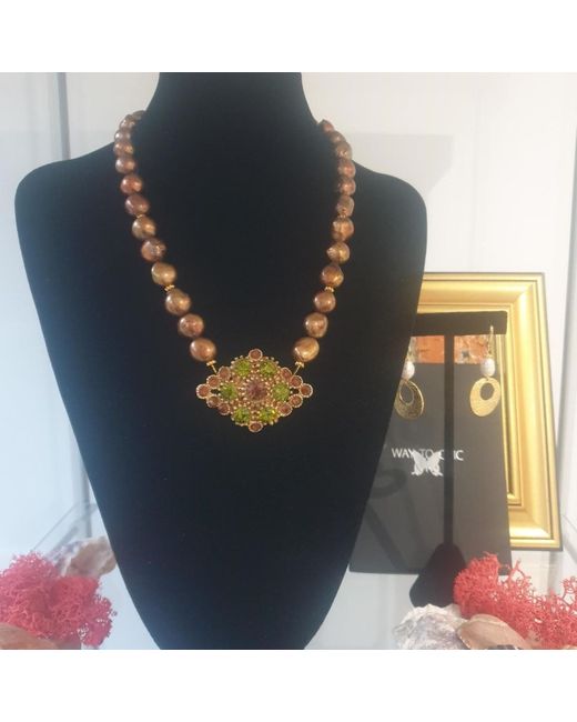 Way to Chic Metallic Elegant Bronze Pearl Necklace With Vintage Crystal Brooch Pendant