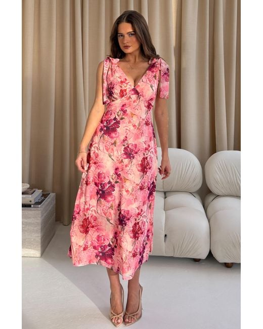 Girl In Mind Pink Beverly Floral Tie Shoulder Midi Dress