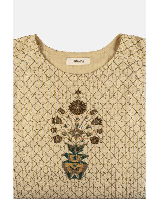 Stovaria Natural Golden Bloom Pure Cotton Top With Zari Embroidery