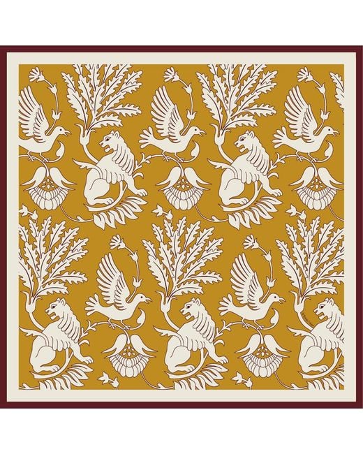 Artemis Muse Metallic Regal Doves & Lions Wine & Mustard Luxury Silk Scarf