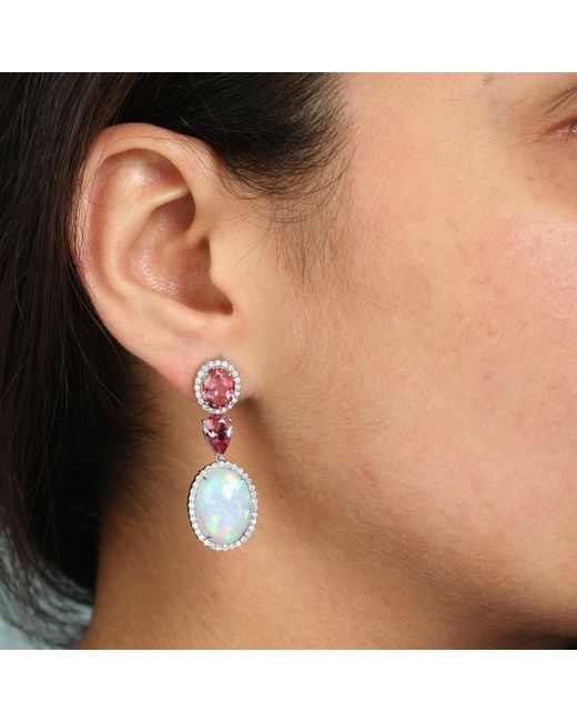 Artisan Blue Pink Tourmaline & Ethiopian Opal Gemstone Pave Diamond In 18k White Gold Dangle Earrings