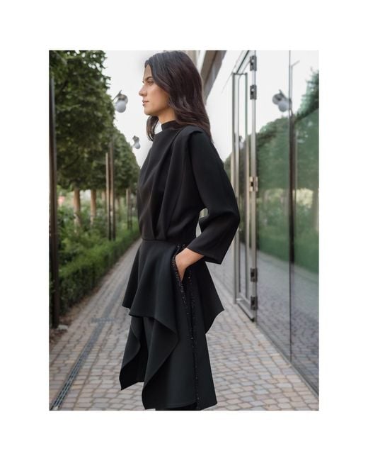 concept A trois Black Elegant Top With Peplum And Pleats With Sequined Details