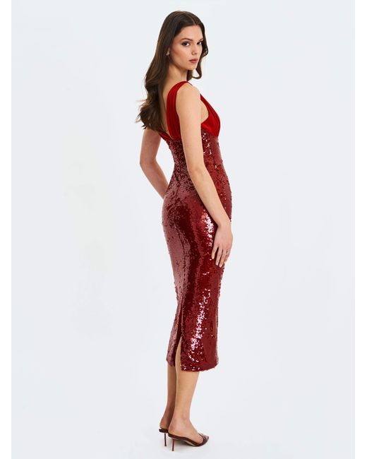 Miss Circle New York Red Shanelle Crimson Sequin Plunging Midi Dress