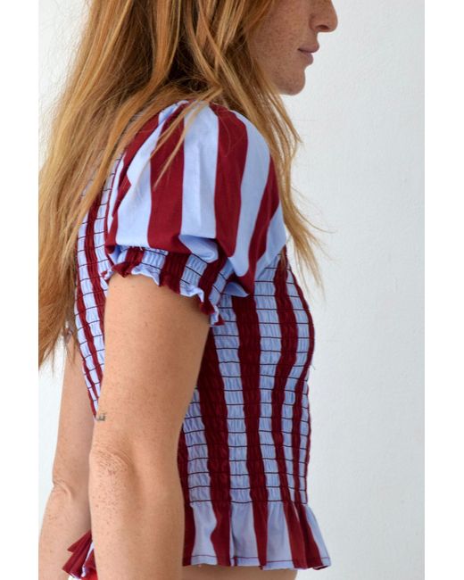 Mind Traveler Red Chia Burgundy And Light Short Sleeved Striped Blouse