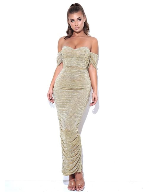 Miss Circle New York Metallic Gene Ruched Off Shoulder Chiffon Dress