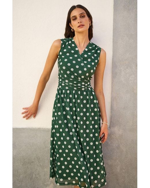 Yumi' Green Polka Dot Mesh Wrap Skater Dress With Pockets