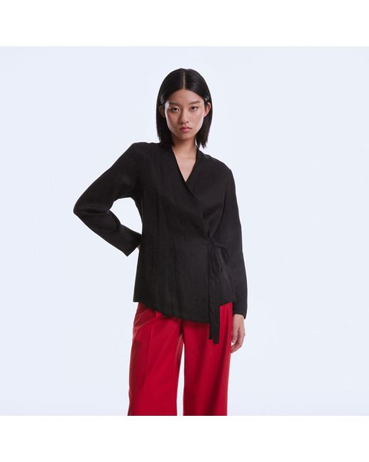 Smart and Joy Black Satin Wrap-Over Blouse