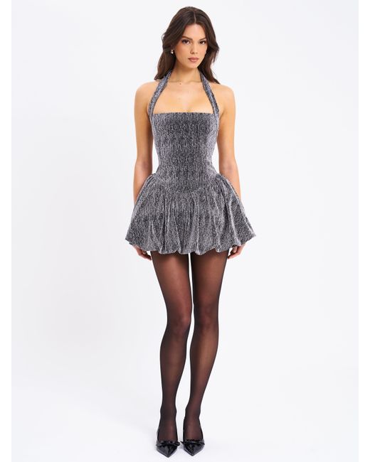 Miss Circle New York Gray Naomie Crystal Embellished Bubble Hem Halter Mini Dress