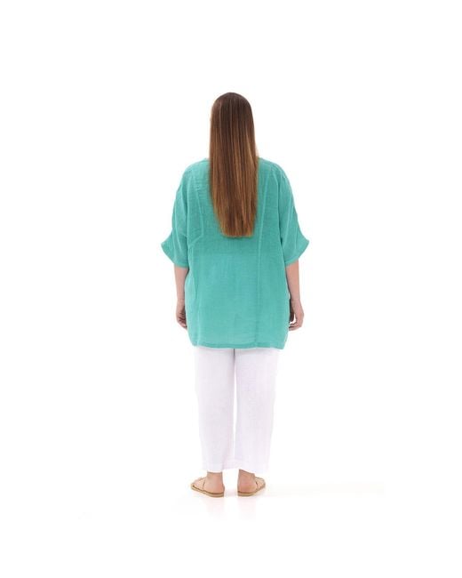 Haris Cotton Natural Neutrals Front Pocket Curve Linen Gauze Blouse With Batwing Sleeve Beach Sand