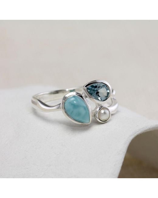 Isla Silver Blue Larimar, Topaz & Freshwater Pearl Trio Ring