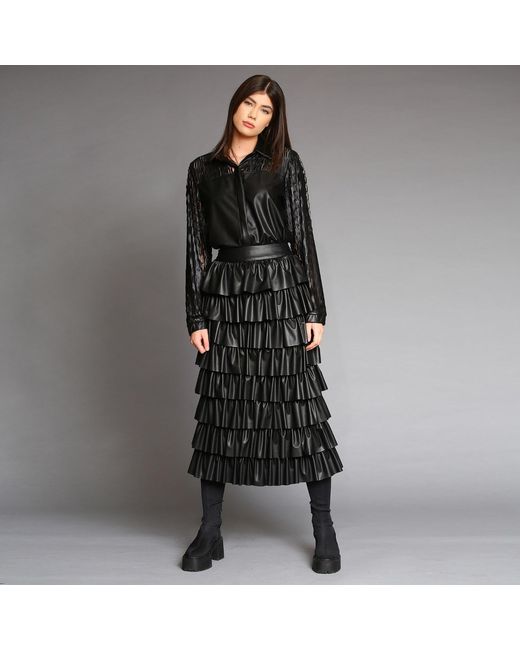 Silvia Serban Black Eco Leather Skirt With Ruffles & Adjustable Length