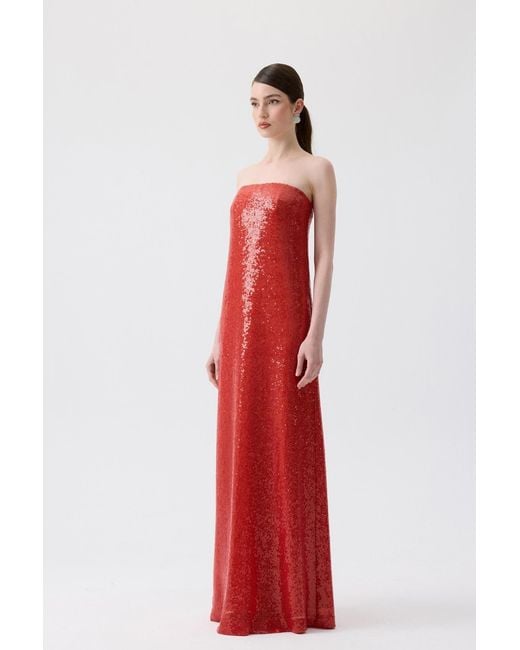 Rue Les Createurs Red Oranj Strapless Long Sequin Dress