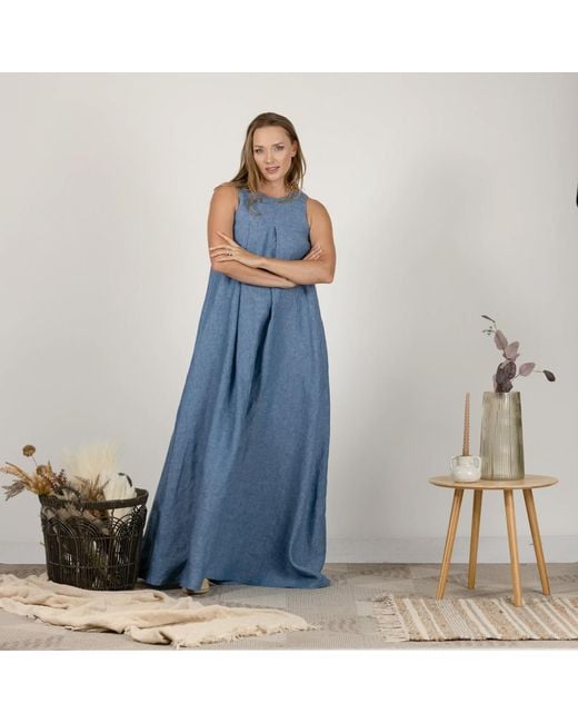 Nikka Place Blue Gathered Linen Maternity A-Line Dress