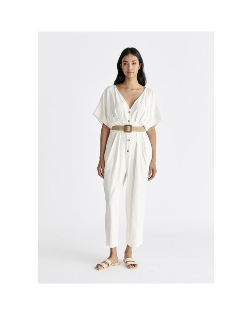 Paisie White Linen Blend Button Jumpsuit