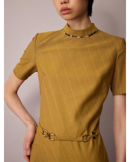 Amanda Thompson Couture Metallic Tilda Asymmetric Top/ Mustard Pinstripe