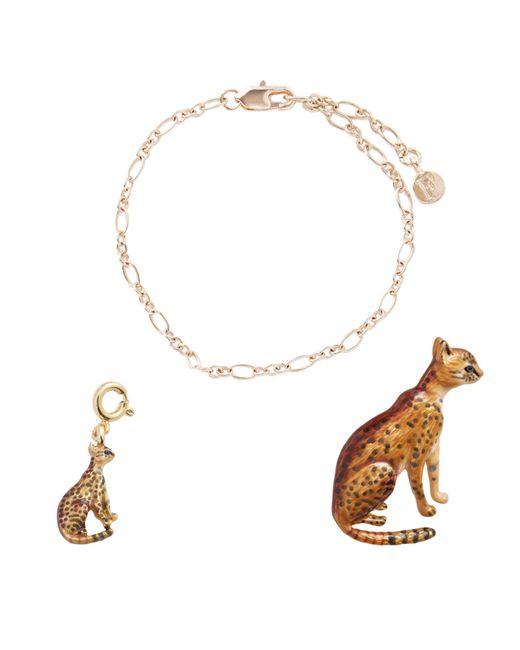 Fable England Metallic Fable Cable Chain Bracelet, Enamel Bengal Cat Charm, Enamel Bengal Cat Brooch