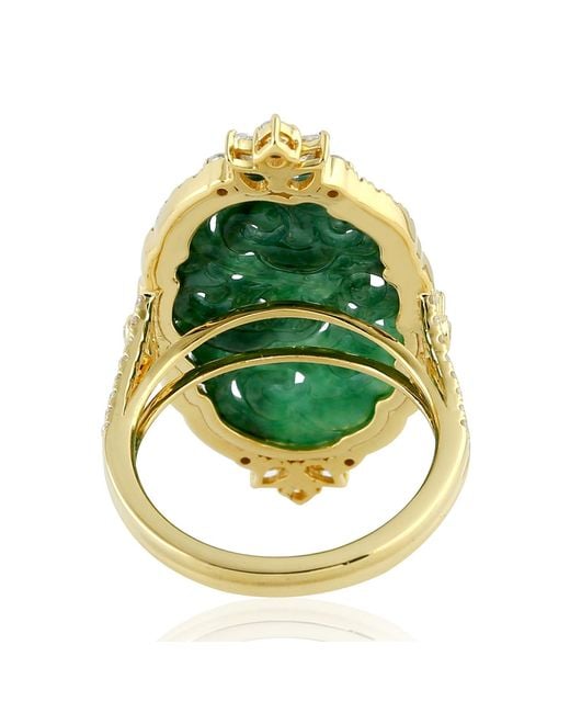 Artisan Green Oval Carved Jade & Diamond Ring