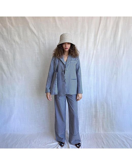 London Atelier Byproduct Blue Striped Blazer Trousers Corset And Tote Bag Four Piece Set